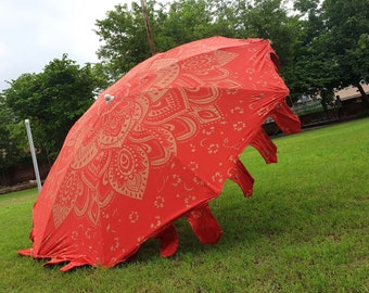 Patio Umbrellas~Beautiful Handcrafted Orange coloured Indian Traditional Handmade Decorative Large Garden Umbrellas, Patio Umbrella