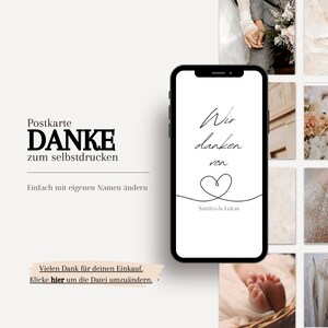 Postkarte selbstausdrucken - DANKE - Dankeskarte Grußkarte für Hochzeit, Verlobung, Baby, Taufe, Konfirmation, Kommunikion - Namen ändern