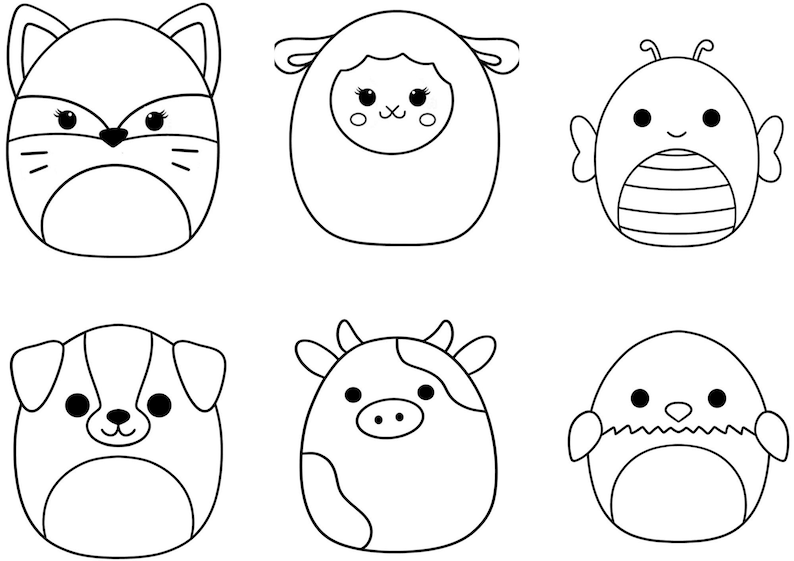 May include: A collection of six black and white cartoon animal illustrations. The animals include a fox, sheep, bee, dog, cow, and chick, each with a unique, simplified design. These are likely intended for children.