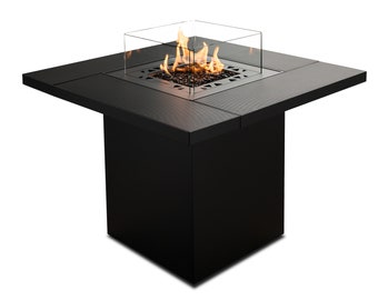 Table carrée par Planika - Foyer extérieur à gaz - Cheminée GPL, table amovible, 10 kW, acier galvanisé noir, décoration et chauffage de jardin