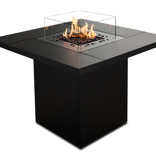 Table carrée par Planika - Foyer extérieur à gaz - Cheminée GPL, table amovible, 10 kW, acier galvanisé noir, décoration et chauffage de jardin