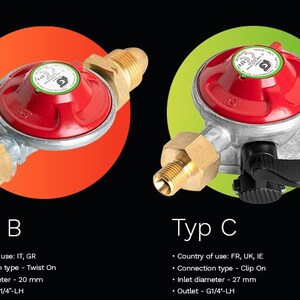 May include: Four different types of gas regulators, labeled A, B, C, and D. Each regulator is a different color and has a different connection type. The regulators are shown against a black background.