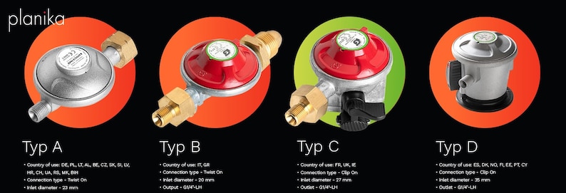 May include: Four different types of gas regulators, labeled A, B, C, and D. Each regulator is a different color and has a different connection type. The regulators are shown against a black background.