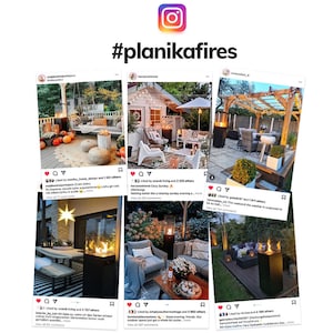 May include: A collage of six Instagram photos showcasing outdoor spaces with Planika fire pits. The photos feature various settings, including a patio with a pergola, a backyard with a fire pit and seating, and a cozy outdoor living room with a fire pit and throw blankets. The photos are all taken at night and feature warm lighting and a cozy atmosphere.