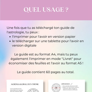 May include: A guide to astrology with a colorful background and text in French. The guide is 60 pages long and can be printed in A4 or A5 format. The text reads "Quel Usage?" and "Schema Global d'un Theme".