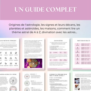 May include: A guide to astrology with illustrations of the zodiac signs, planets, and houses. The text includes the French words "Un Guide Complet" and "Origines de l'astrologie".