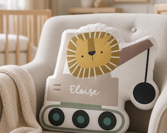 Personalized Lion Construction Pillow | Custom Safari Vehicle Cushion | Nursery Gift