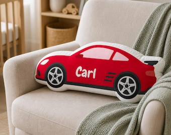 Personalized Race Car Shaped Pillow | Custom Sports Cushion | Racing Room Decor | Plush Gift