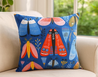 Folk Moth Pillow | Colorful Insect Throw Cushion Case | Modern Style Home Decor Accent Cover