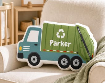 Personalized Garbage Truck Shape Pillow | Custom Recycling Cushion | Kids Room Decor | Plush Gift
