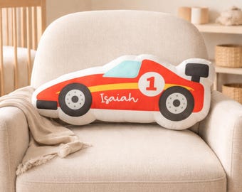 Red Race Car Shape Pillow, Personalized Nursery Decor, Motorsport Playroom Accent, Kids Room Cushion