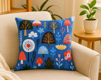 Folk Art Mushroom Pillow | Colorful Throw Cushion Case | Modern Style Home Decor Accent Cover