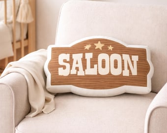 Saloon Sign Shape Pillow, Western Nursery Decor, Cowboy Playroom Accent, Kids Room Cushion