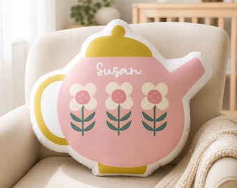 Personalized Teapot Shape Pillow | Custom Tea Cushion | Cottagecore Decor | Plush Gift