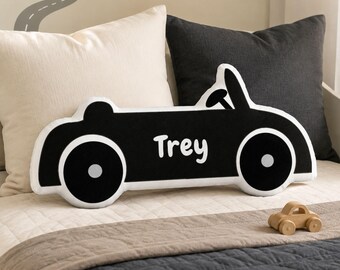Personalized Black Convertible Car Pillow | Custom Name Roadster Cushion | Boys Room Gift