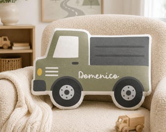 Personalized Sage Green Truck Shaped Pillow | Custom Name Kids Cushion | Toddler Room Gift