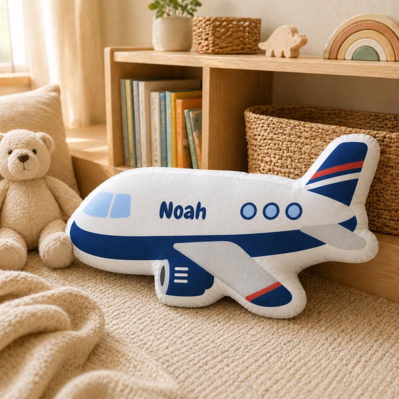 Blue and white airplane shape pillow personalized with child name and photographed on a modern nursery armchair, soft plush aviation themed decorative pillow for boys bedroom decor, custom transportation nursery accessory, travel inspired kids room styling, personalized airplane cushion gift for toddlers, aviation baby room decoration, and playful shaped pillow for cozy nursery and playroom spaces