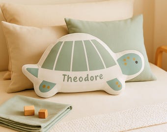 Personalized Turtle Shape Pillow – Custom Name Sea Turtle Cushion for Kids, Ocean Animal Nursery Decor for Baby Room or Toddler Bed