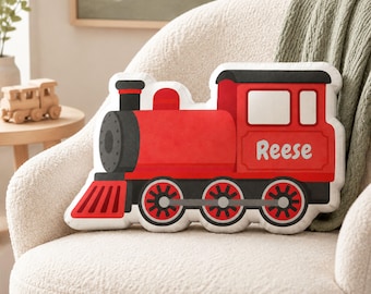Train Shaped Pillow Custom Name | Steam Locomotive Cushion | Boys Bedroom Decor | Personalized Gift