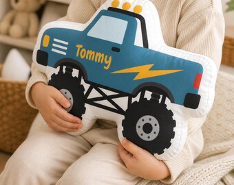Personalized Monster Truck Shapde Pillow | Custom Truck Cushion | Kids Room Decor | Plush Gift