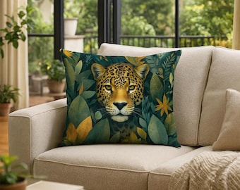 Jaguar Jungle Throw Pillow Cover | Leopard Safari Animal Decor Cushion | Botanical Wildlife Home Accent