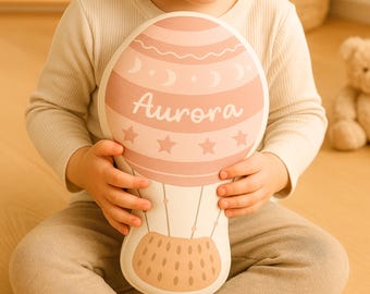 Personalized Hot Air Balloon Shape Pillow – Custom Name Nursery Cushion for Girls, Soft Baby Room Decor, Boho Pastel Kids Gift, Baby Shower