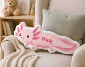 Personalized Axolotl Shaped Pillow | Custom Name Plush Cushion | Cute Animal Nursery Decor | Gift