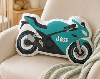 Personalized Motorcycle Shaped Pillow | Custom Motorbike Cushion | Racing Room Decor | Plush Gift