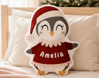 Personalized Penguin Shaped Pillow | Christmas Name Cushion for Kids Nursery Decor