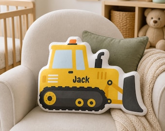 Personalized Bulldozer Shape Pillow | Custom Construction Cushion | Excavator Nursery Decor | Truck Plush Gift