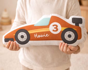 Race Car Shape Pillow, Personalized Nursery Decor, Motorsport Playroom Accent Cushion