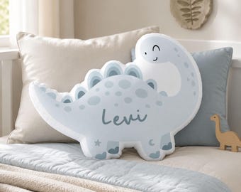 Custom Name Blue Dinosaur Shaped Pillow | Personalized Dino Cushion | Boys Nursery Gift