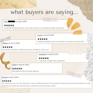 May include: A beige background with the text "what buyers are saying..." and customer reviews. Reviews include star ratings and comments like "Adorable product and easy delivery" and "Love them. Prettier than expected!"