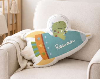 Spaceship Shape Pillow, Personalized Nursery Decor, Dino Space Playroom Accent, Kids Room Cushion