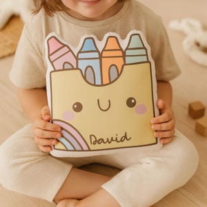 Personalized Crayon Pillow for Kids | Custom Name Back to School Gift | Kawaii Plush Cushion | Preschool or Classroom Reading Corner Decor