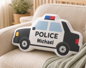 Personalized Police Car Shape Pillow | Custom Patrol Cushion | Cop Nursery Decor | Plush Gift