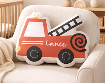 Personalized Fire Truck Shape Pillow for Kids | Custom Name Firefighter Nursery Decor Gift