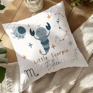 May include: A white pillow with a blue and brown scorpion illustration, stars, and the text "Little Scorpio Eileen".