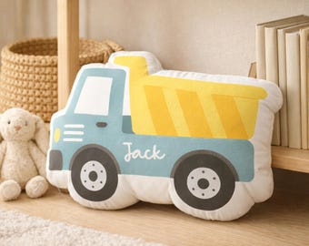 Dump Truck Shape Pillow, Personalized Nursery Decor, Construction Playroom Accent, Kids Room Cushion