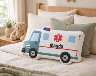 Personalized Ambulance Shape Pillow | Custom Shaped Pillow | Kids Doctor Nurse Decor | Ambulance Plush Gift