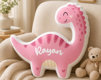 Personalized Pink Dinosaur Shape Pillow | Plush Dino Cushion | Nursery Decor Gift