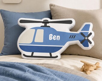 Personalized Helicopter Shaped Pillow | Custom Aviation Cushion | Blue Kids Room Decor | Plush Gift