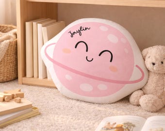 Pink Planet Shape Pillow with Custom Name, Personalized Nursery Decor, Space Playroom Cushion Accent