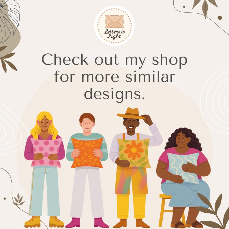 May include: Illustration of four people holding decorative pillows with various patterns. The pillows feature polka dots, leaves, and floral designs. The image includes the text "Check out my shop for more similar designs."
