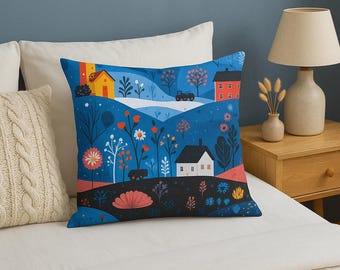 Folk Art Village Pillow | Colorful Houses Landscape Throw Cover | Modern Style Home Decor Accent