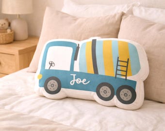 Personalized Cement Mixer Truck Shape Pillow | Custom Construction Vehicle Kids Pillow | Gift for Boys