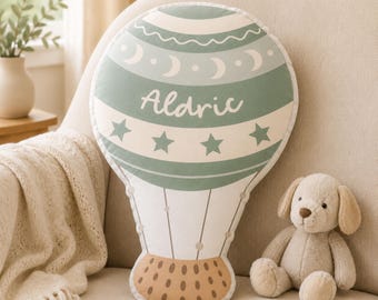 Personalized Sage Mint Hot Air Balloon Pillow | Custom Name Nursery Cushion Gift