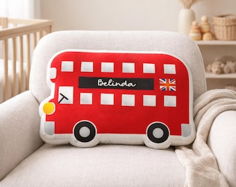 London Bus Shape Pillow with Custom Name, Personalized Nursery Decor, Travel Playroom Accent