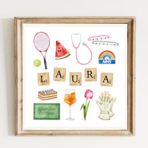 May include: A framed watercolour print with various illustrations including a tennis racket, watermelon, stethoscope, and the letters L, A, U, R, A. Also features a cake, cocktail, tulip, gloves, and a sign that says "Primrose Cottage".