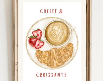 Könnte beinhalten: Aquarell-Druck eines Frühstücks mit einer Kaffeetasse, einem Croissant und Erdbeeren auf einem Teller. Die Worte "COFFEE & CROISSANTS" sind rot geschrieben. Der Druck ist in einem Holzrahmen.